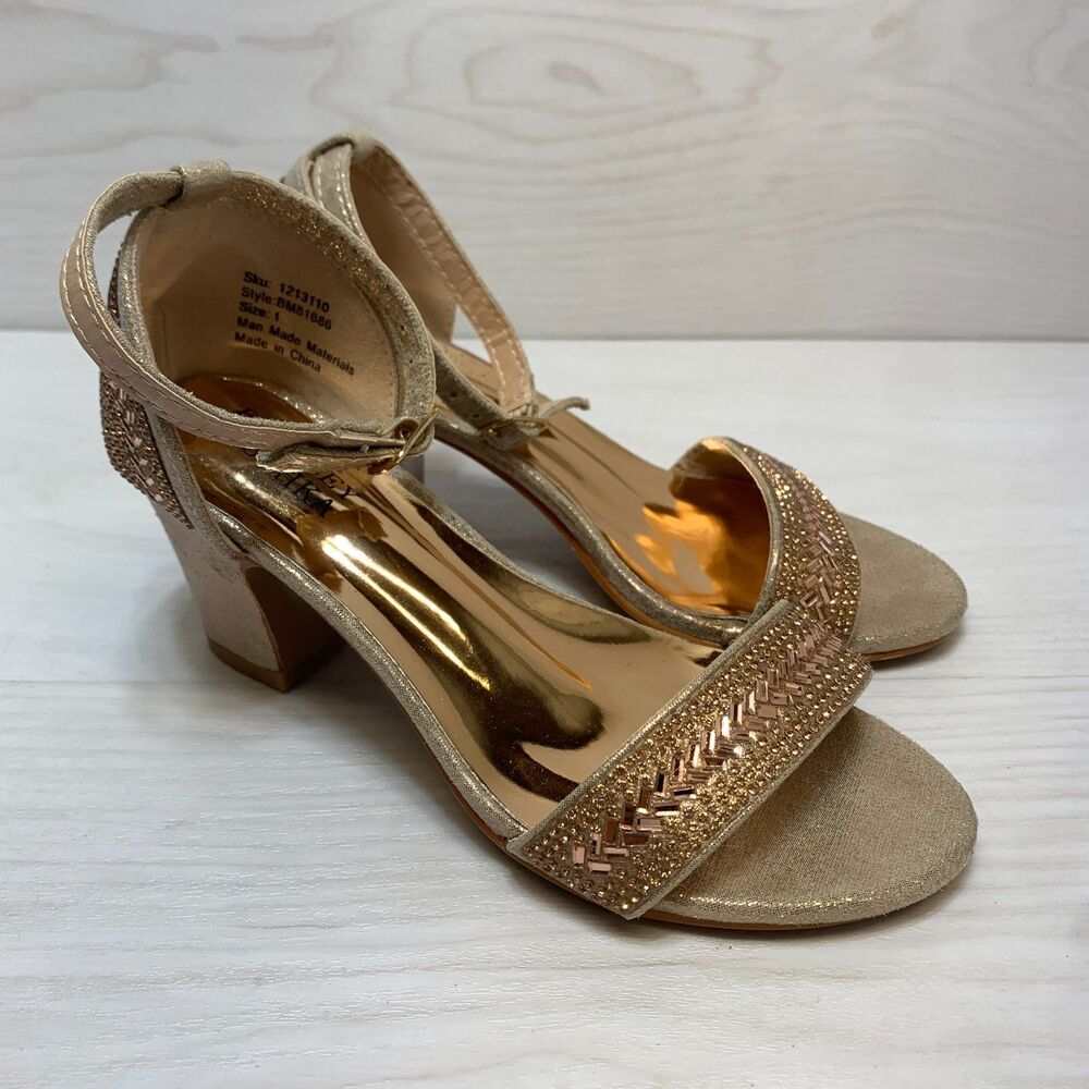 Badgley Mischka Block Heel Sandals Girls Size 1 Gold Rhinestone Ankle Strap